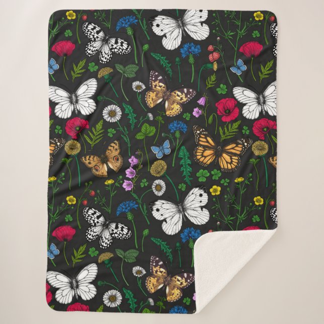 Wild flowers and butterflies on black sherpa blanket (Front)