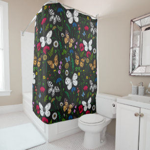 Wild flowers and butterflies on black shower curtain