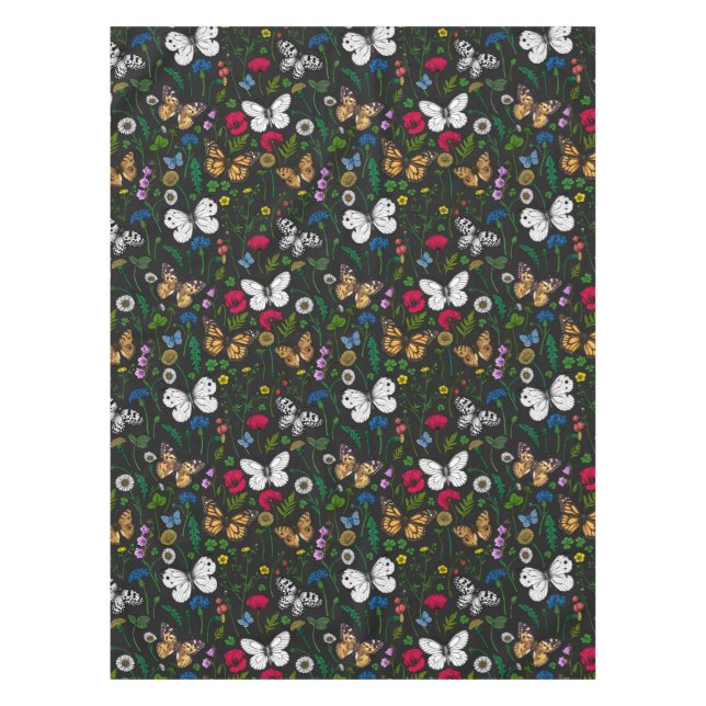Wild flowers and butterflies on black tablecloth (Front)