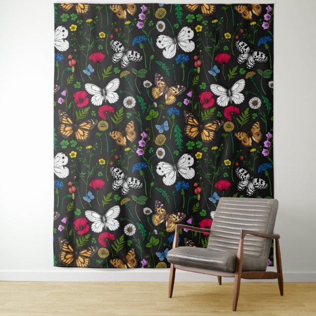 Wild flowers and butterflies on black tapestry (In Situ)