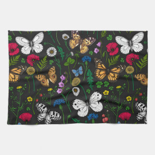 Wild flowers and butterflies on black tea towel