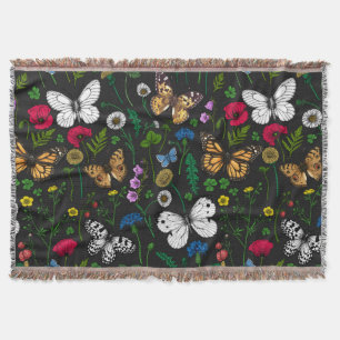 Wild flowers and butterflies on black throw blanket
