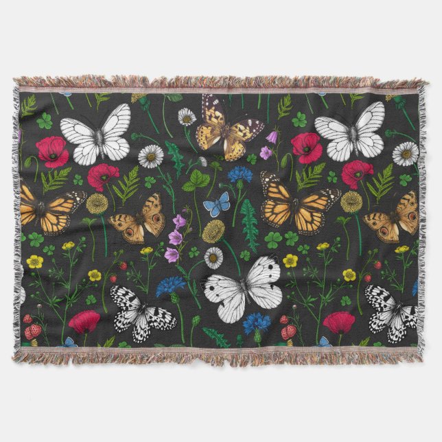 Wild flowers and butterflies on black throw blanket (Front)