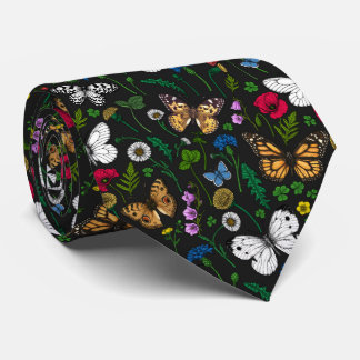 Wild flowers and butterflies on black tie