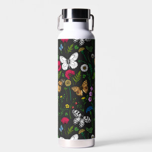 Wild flowers and butterflies on black water bottle
