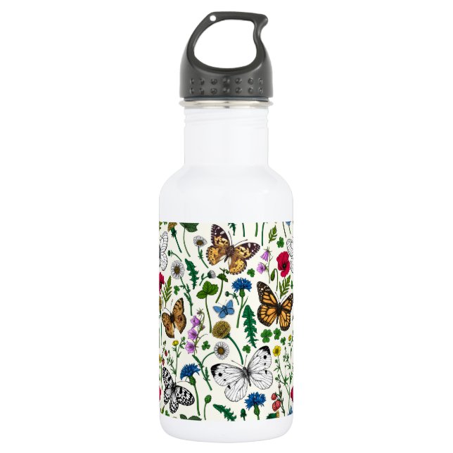 Wild flowers and butterflies on white 532 ml water bottle (Front)