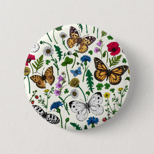 Wild flowers and butterflies on white 6 cm round badge