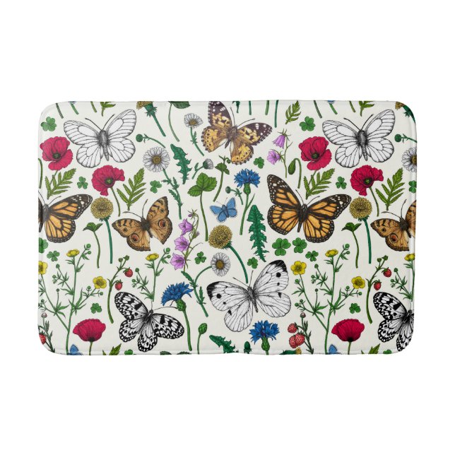 Wild flowers and butterflies on white bath mat (Front)
