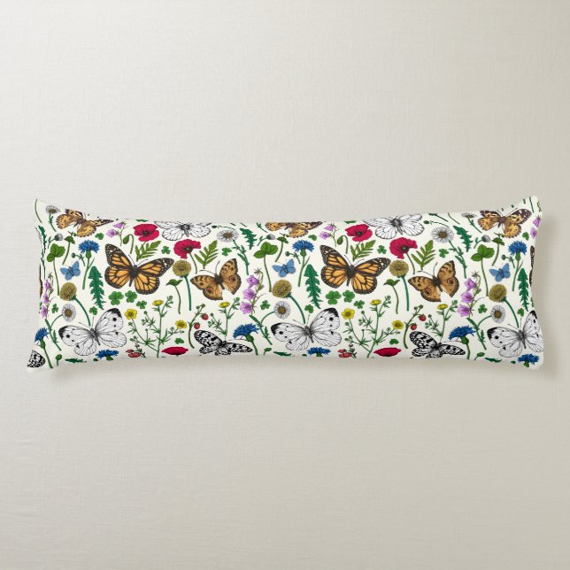 Wild flowers and butterflies on white body cushion (Front)