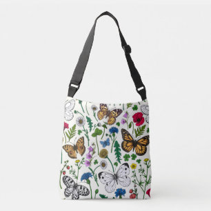 Wild flowers and butterflies on white crossbody bag