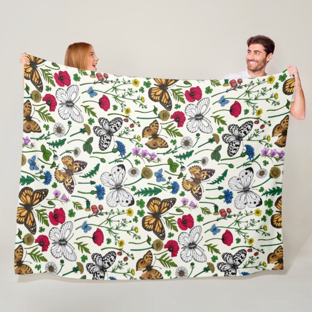 Wild flowers and butterflies on white fleece blanket (In Situ)