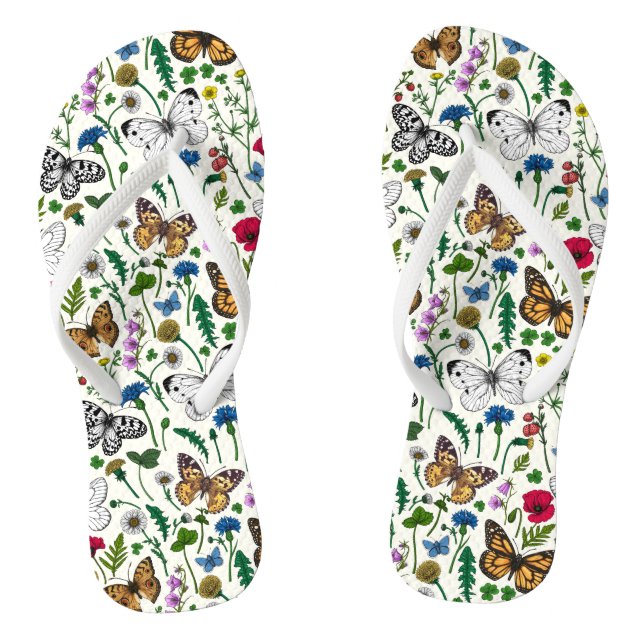 Wild flowers and butterflies on white flip flops (Footbed)