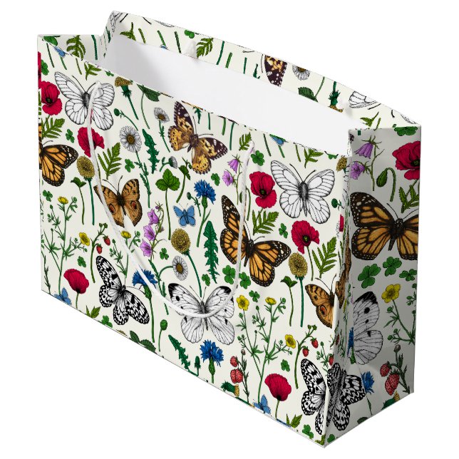 Wild flowers and butterflies on white large gift bag (Back Angled)