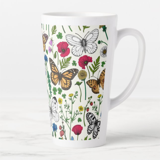 Wild flowers and butterflies on white latte mug (Right)