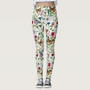 Wild flowers and butterflies on white leggings