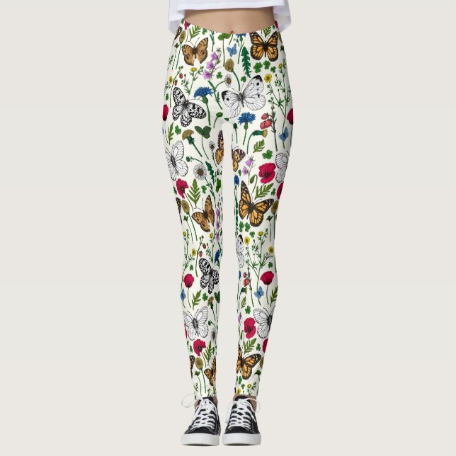 Wild flowers and butterflies on white leggings (Front)