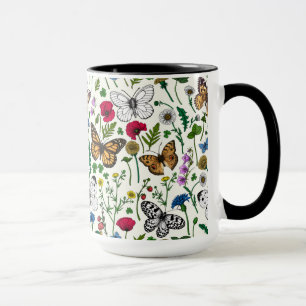 Wild flowers and butterflies on white mug