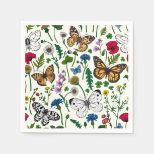Wild flowers and butterflies on white napkin