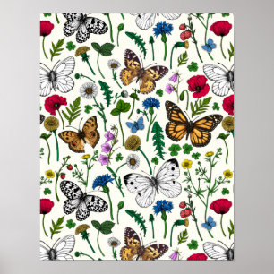 Wild flowers and butterflies on white poster