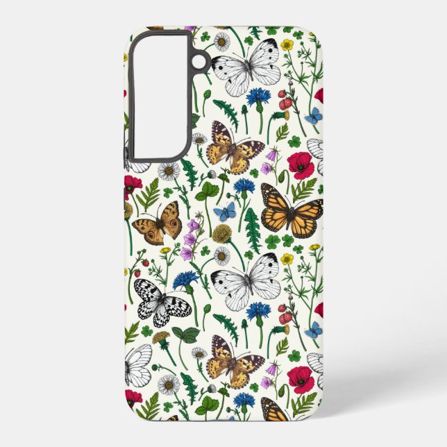 Wild flowers and butterflies on white samsung galaxy s22+ case (Back)