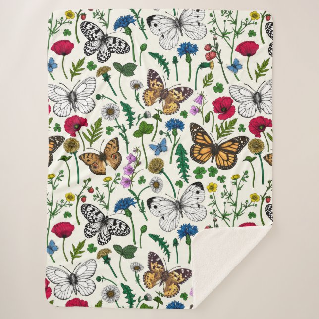 Wild flowers and butterflies on white sherpa blanket (Front)
