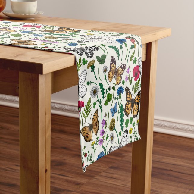 Wild flowers and butterflies on white short table runner (In Situ)