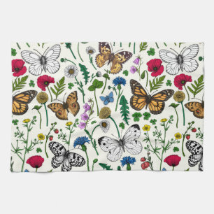 Wild flowers and butterflies on white tea towel