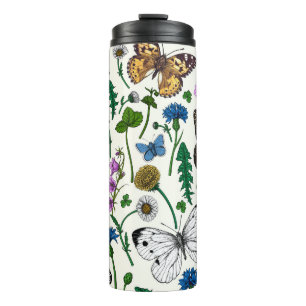 Wild flowers and butterflies on white thermal tumbler