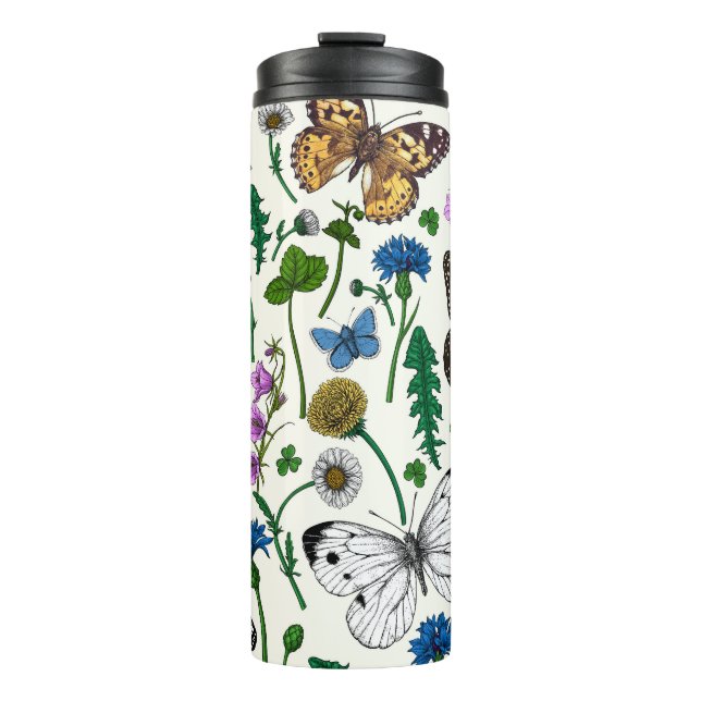 Wild flowers and butterflies on white thermal tumbler (Front)