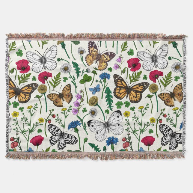 Wild flowers and butterflies on white throw blanket (Front)