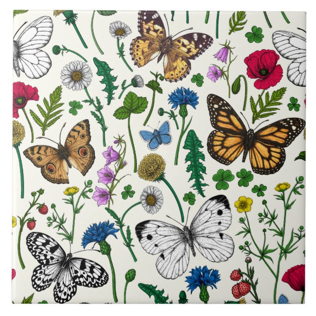 Wild flowers and butterflies on white tile (Front)