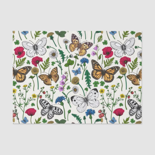 Wild flowers and butterflies on white tissue paper (Front)