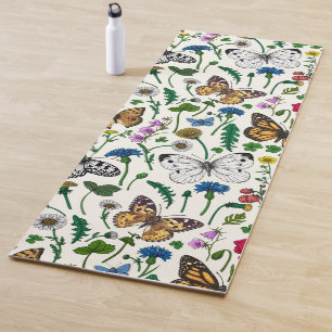 Wild flowers and butterflies on white yoga mat
