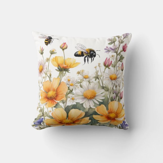 Wild Flowers and Honey Bees Watercolor Cushion (Front)