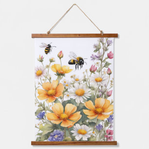 Wild Flowers and Honey Bees Watercolor Hanging Tapestry