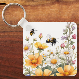 Wild Flowers and Honey Bees Watercolor Key Ring