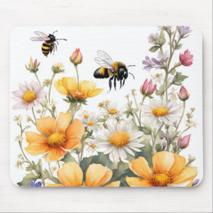 Wild Flowers and Honey Bees Watercolor Mouse Mat