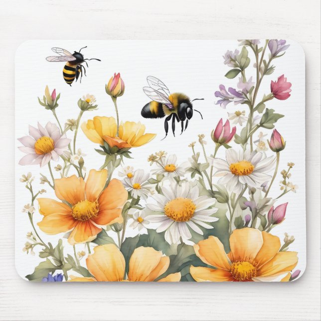 Wild Flowers and Honey Bees Watercolor Mouse Mat (Front)