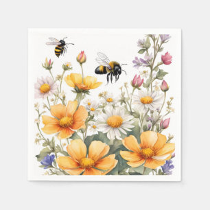 Wild Flowers and Honey Bees Watercolor Napkin