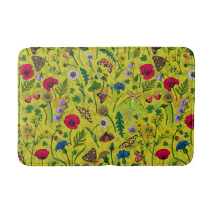 Wild flowers and moths on green bath mat