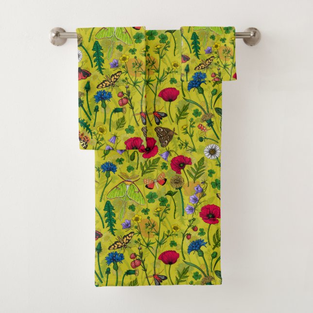 Wild flowers and moths on green bath towel set (Insitu)
