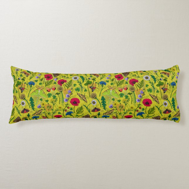 Wild flowers and moths on green body cushion (Front)