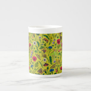 Wild flowers and moths on green bone china mug