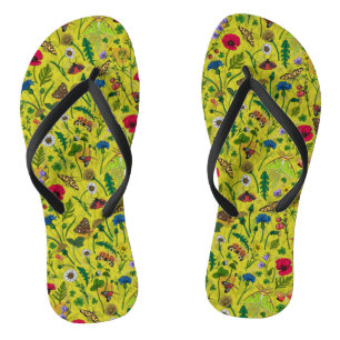 Wild flowers and moths on green flip flops