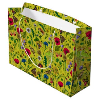 Wild flowers and moths on green large gift bag