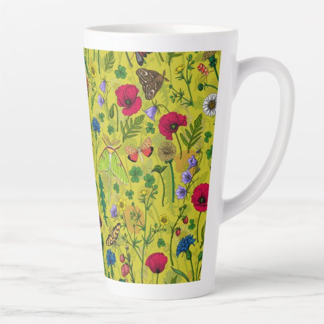 Wild flowers and moths on green latte mug (Right)