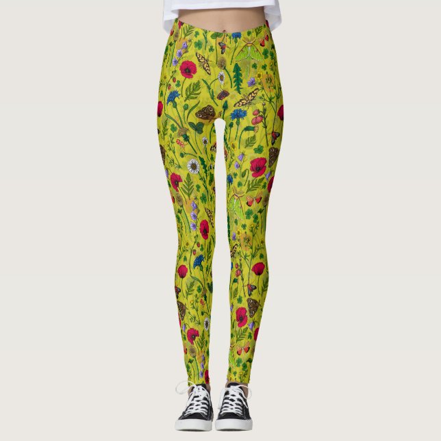 Wild flowers and moths on green leggings (Front)