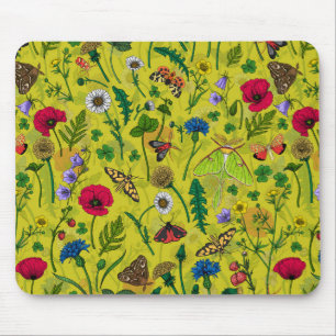 Wild flowers and moths on green mouse mat