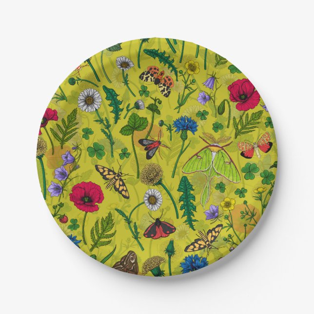 Wild flowers and moths on green paper plate (Front)