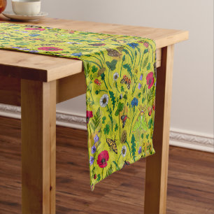 Wild flowers and moths on green short table runner